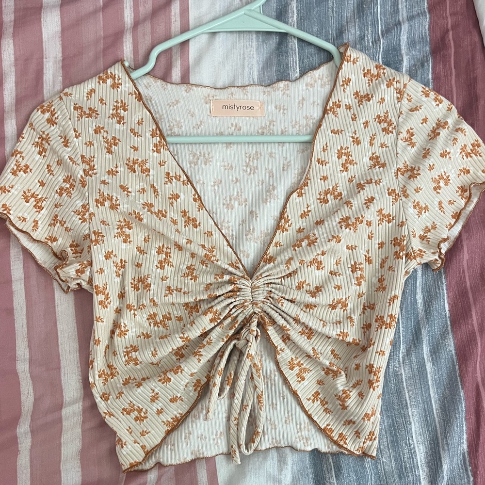 Floral Ruched Top - Cream and Orange